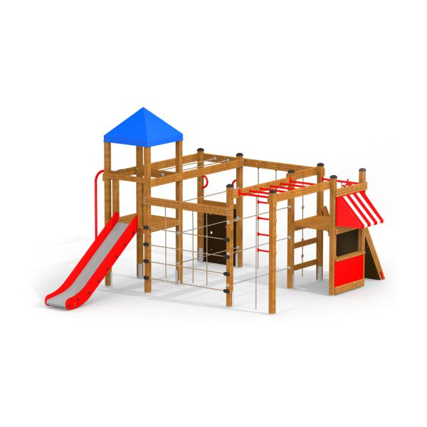 Dřevěná lezecká konstrukce pro děti s červenou skluzavkou a modrou střechou (Climbing Booth).