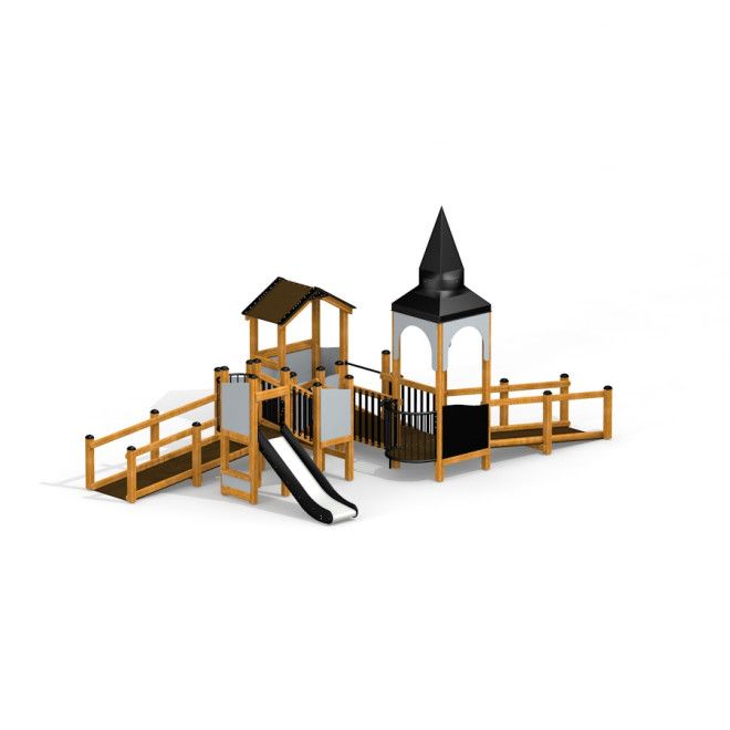 Campanille playground castle dřevěná lezecká konstrukce se skluzavkou a rampou