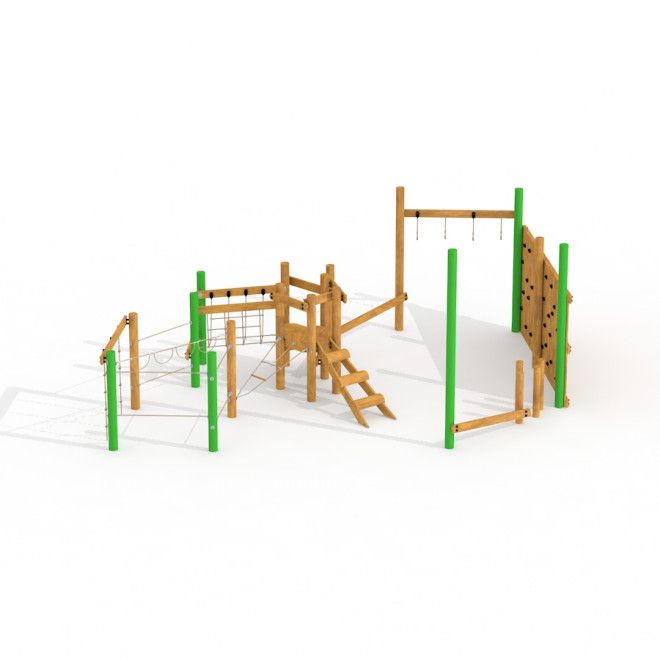 Spillikins wooden playhouse lezecká konstrukce na hřišti s lany a lezeckou stěnou