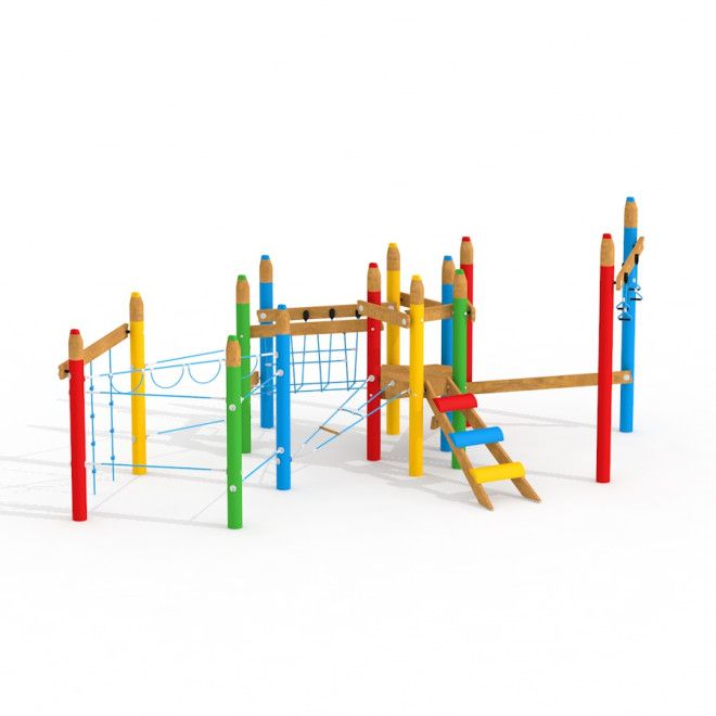 Crayon Quest Park barevná dřevěná herní konstrukce na hřišti s lezeckými sítěmi a žebříky.