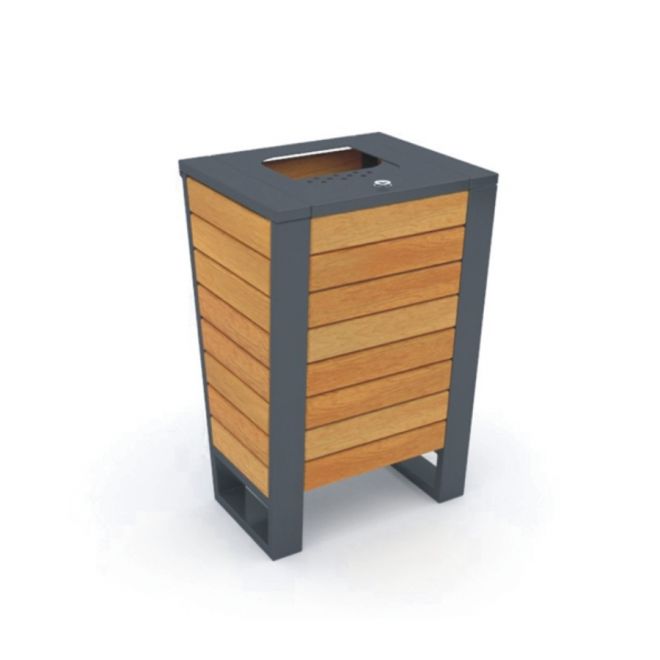 Ryga Bin Light s dřevěnými lamelami a černým rámem.