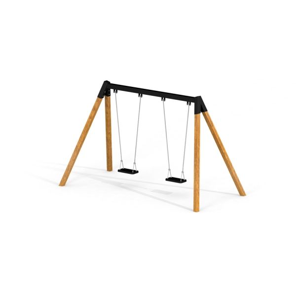 Double Safety Seat double swing s dřevěným rámem a černými sedadly