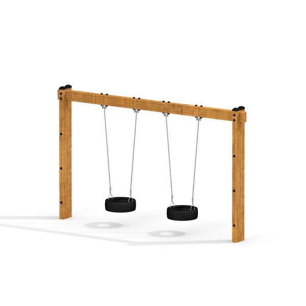 Rám Wooden Tire double swing se dvěma černými houpačkami z pneumatik zavěšenými na řetězech