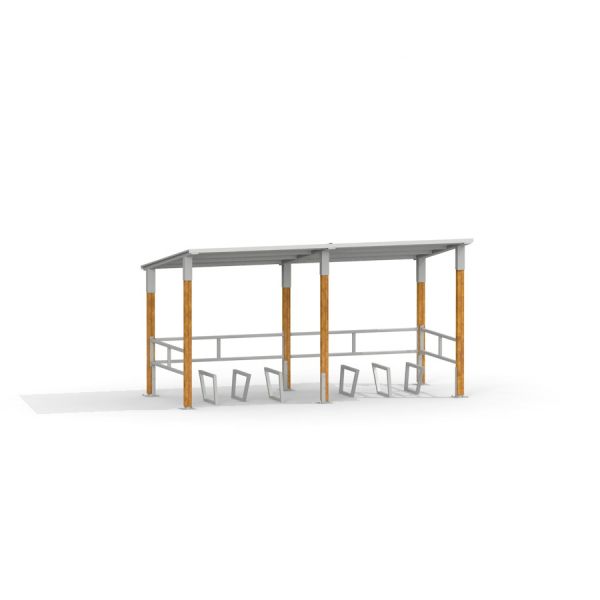 Moderní přístřešek Bike Parking III s dřevěnými sloupky a kovovou střechou