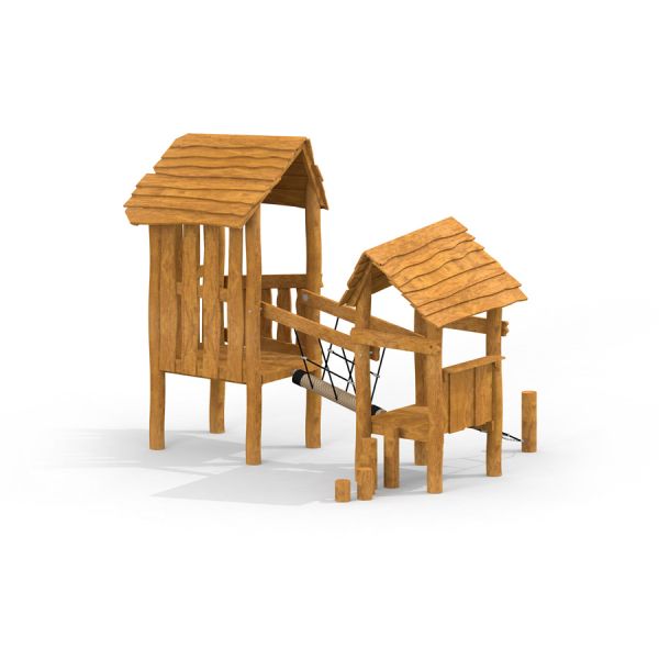 Wooden Hut - dřevěná herní konstrukce se dvěma propojenými chatkami a lanovým mostem.