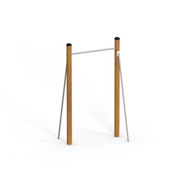 Venkovní fitness Pull Bar s dřevěnými sloupky a kovovou tyčí.