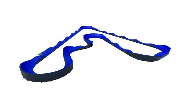 Modular Pumptrack VI v modré a černé barvě s zakřiveným dráhovým designem.