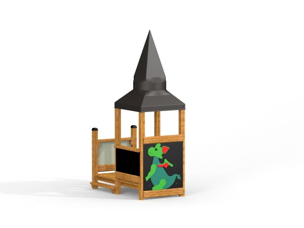 Dřevěný Tower with Baby Dragon single playhouse s černou střechou a namalovaným zeleným drakem.