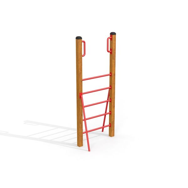 Vertical wooden ladder s červenými příčkami a madly.
