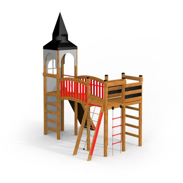 Alcazar playground castle s dřevěnou věží, mostem a žebříky pro děti.