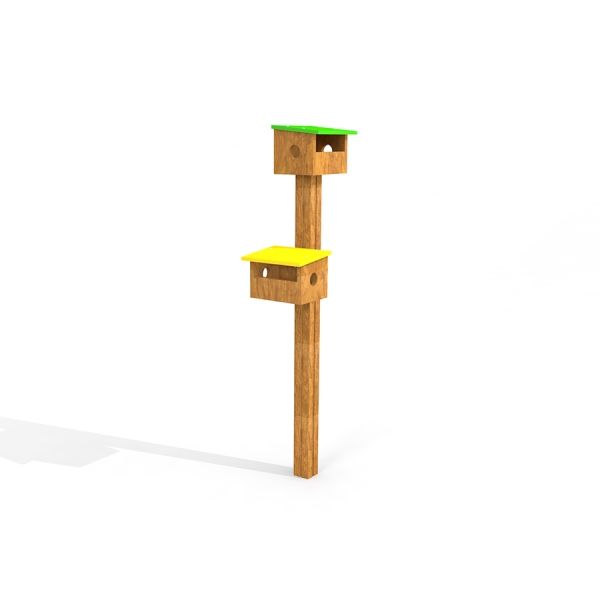 Dvě dřevěné budky pro ptáky se zelenou a žlutou střechou na vysokém sloupu.
