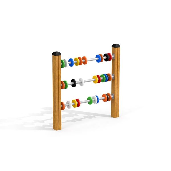 Dřevěná venkovní herní konstrukce Abacus s barevnými korálky pro děti.