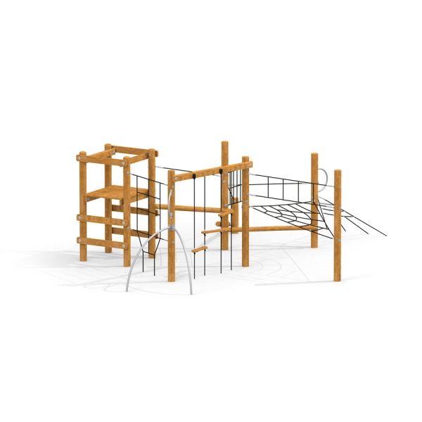 Caucasus wooden playhouse s lezeckými sítěmi a dřevěnými plošinami.