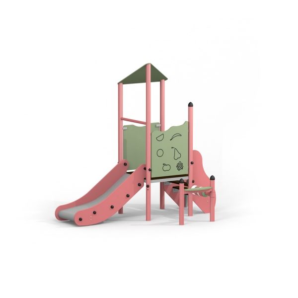 Mars playhouse with slide v pastelových barvách s lezeckou stěnou.