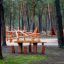 Table Nature with 4 stools z přírodního dřeva, umístěný v lesním prostředí hřiště.