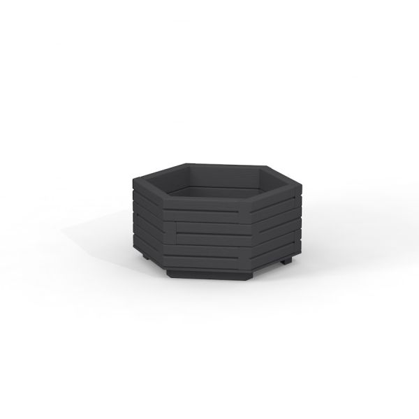 Wooden flowerpot IV black, šestiúhelníkový tvar, izolovaný na bílém pozadí.