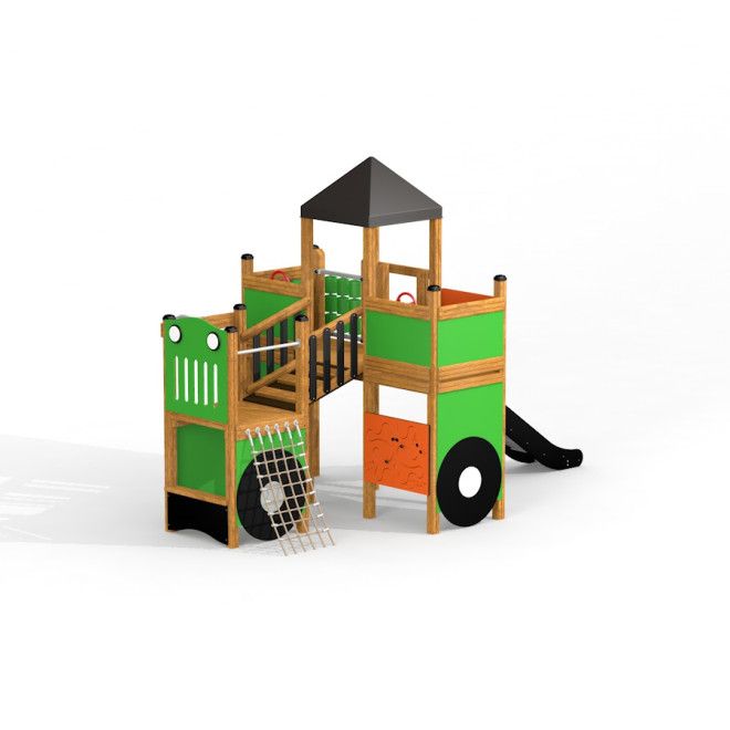 Herní prvky Big Tractor playhouse with slide v zelené a oranžové barvě