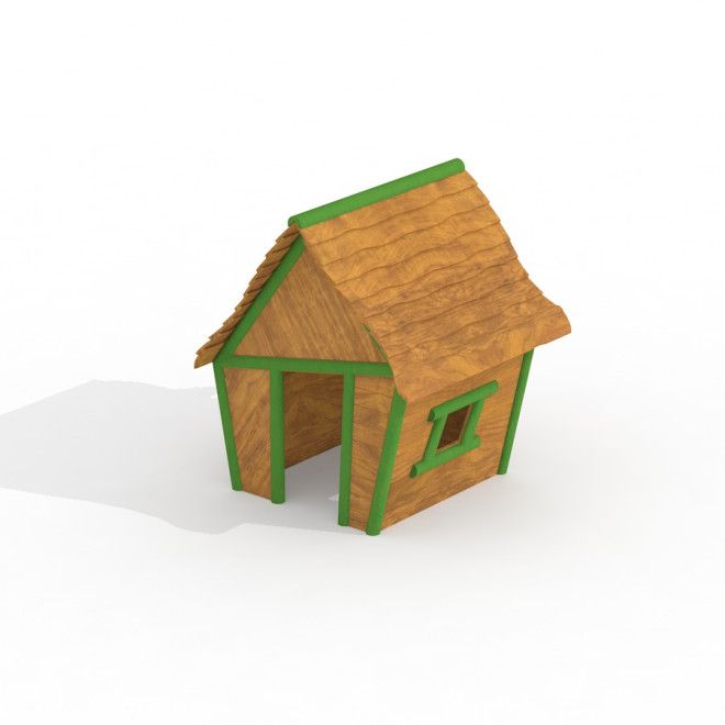 Dřevěný domeček na hraní Crooked House se zeleným lemováním pro hřiště