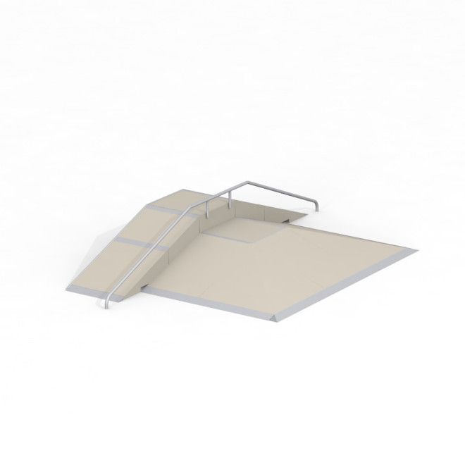 Skateparková rampa Fun Box 8 se zábradlím a několika šikmými plochami.