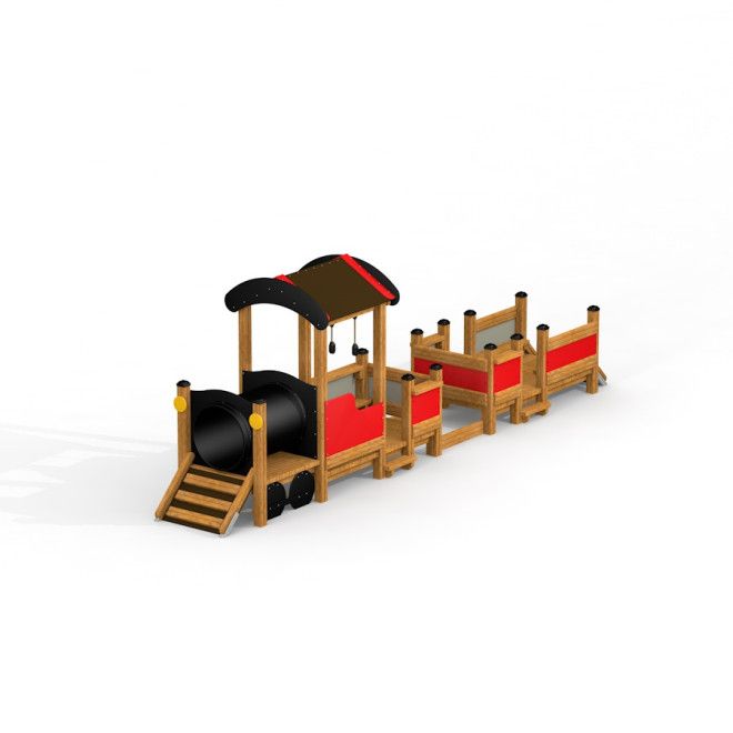 Dřevěné herní prvky Locomotive with cars train playhouse s červenými a černými akcenty.