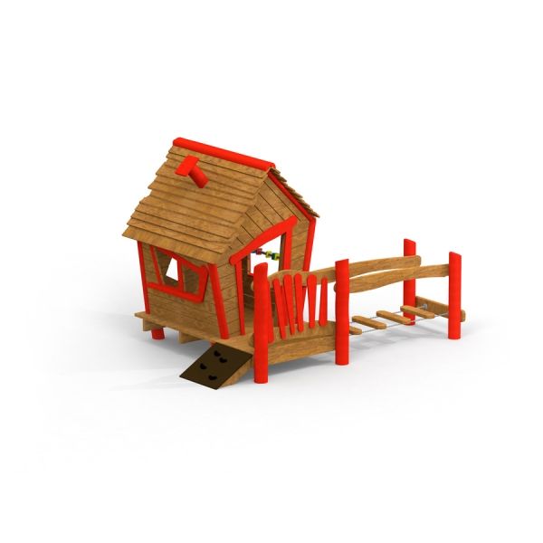 Anna's Playhouse dřevěný herní domek s červenými akcenty a mostem.