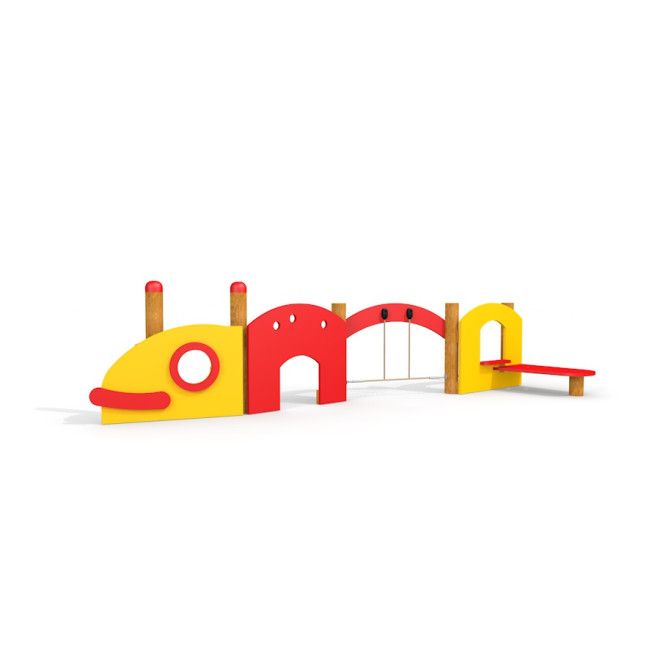 Baby Caterpillar wooden playhouse herní vybavení se skluzavkami a prvky na lezení.