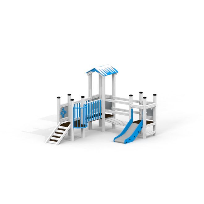 Winter Castle playhouse with slide, modrobílá venkovní hřišťová konstrukce se schody a střechou