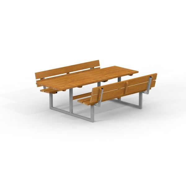 Table & Bench Steel Construction s dřevěnými prkny a kovovým rámem.