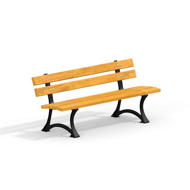 Dřevěná lavička Bordeaux Bench na hřiště s kovovými nohami a opěradlem.