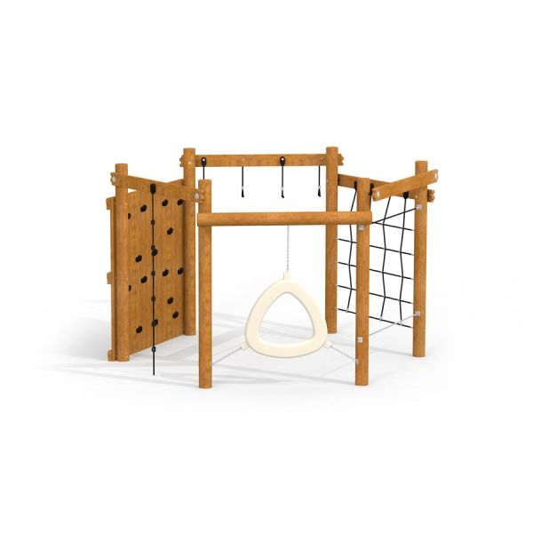 Sequoia wooden playhouse s lezeckými sítěmi a stěnami.