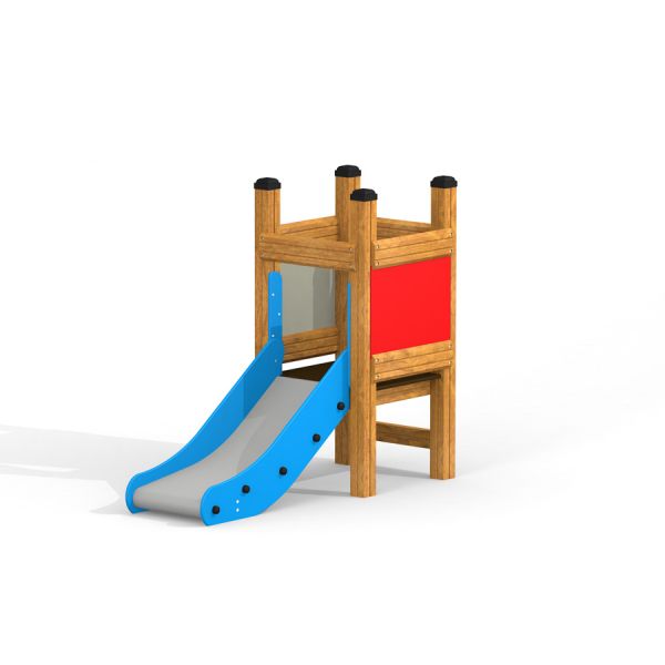 Dřevěný Toddler Tower Slide s modrou plastovou skluzavkou a červeným panelem.