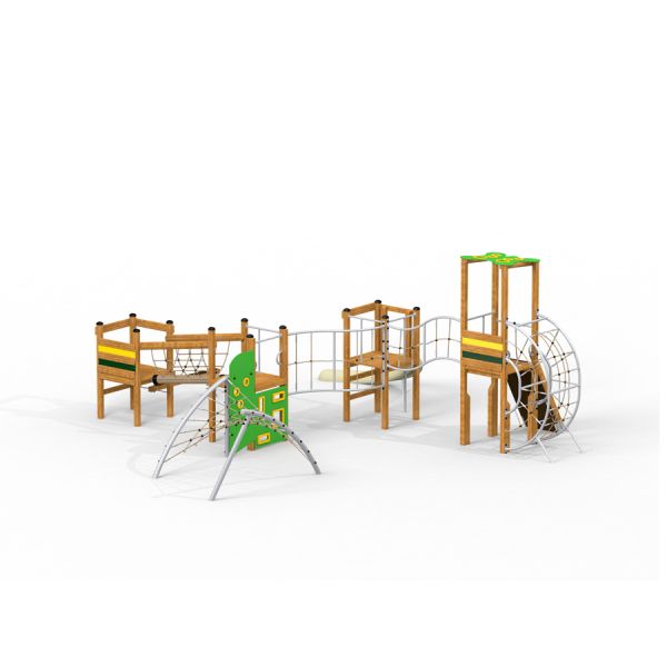 El Dorado wooden playhouse s lezeckými konstrukcemi a sítěmi pro děti.