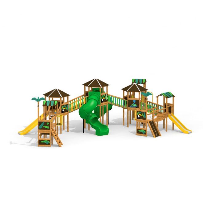 Jungle City castle with slide herní vybavení s několika klouzačkami a dřevěnými věžemi