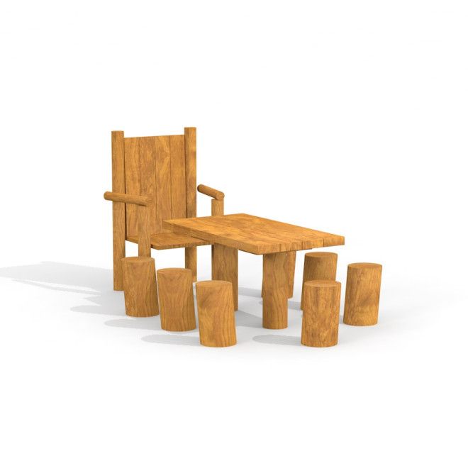 Table Nature with a Chair and Stools sada dřevěného herního nábytku s přírodním povrchem