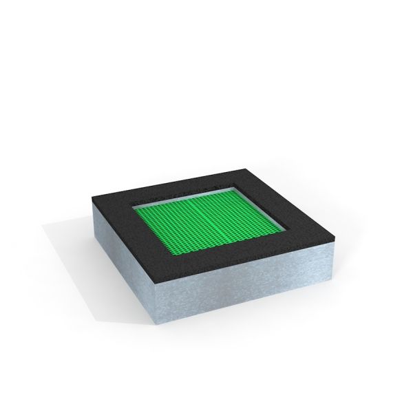 Square trampoline (100 cm) se zelenou skákací plochou a černým okrajem.