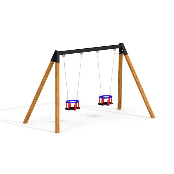 Double Baby Swing s dřevěným rámem a červenými a modrými sedadly na bílém pozadí