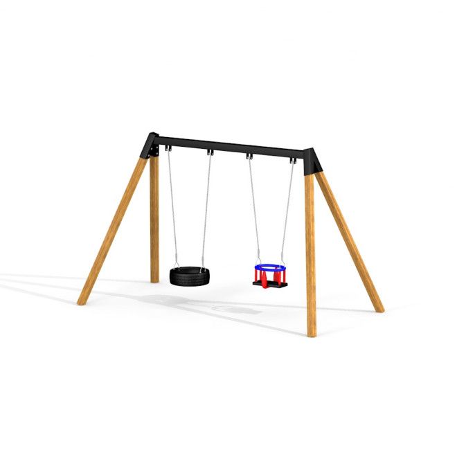 Double Swing s dřevěným rámem, košíkovým sedadlem a houpačkou z pneumatiky.