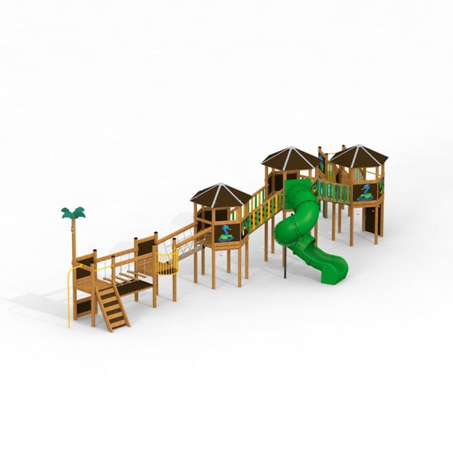 Jungle Village castle with slide dřevěná herní konstrukce se zelenou spirálovou skluzavkou