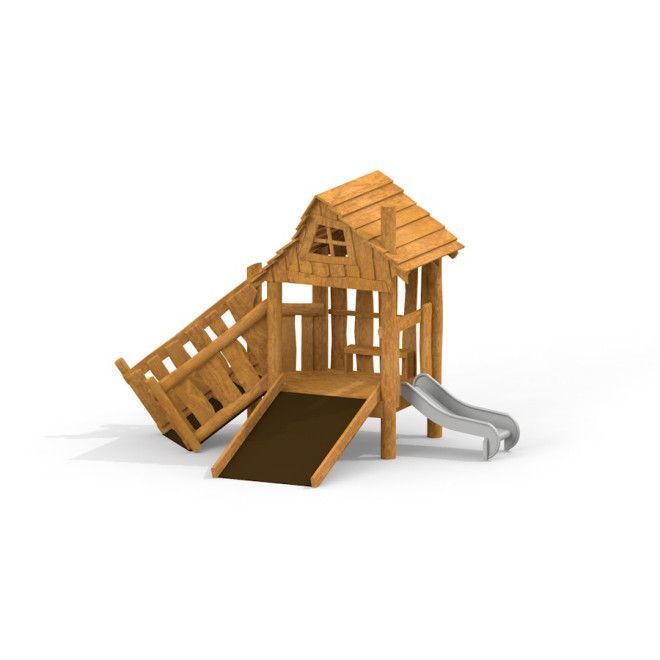 Tambora wooden playhouse with slide a lezecká rampa pro hřiště.
