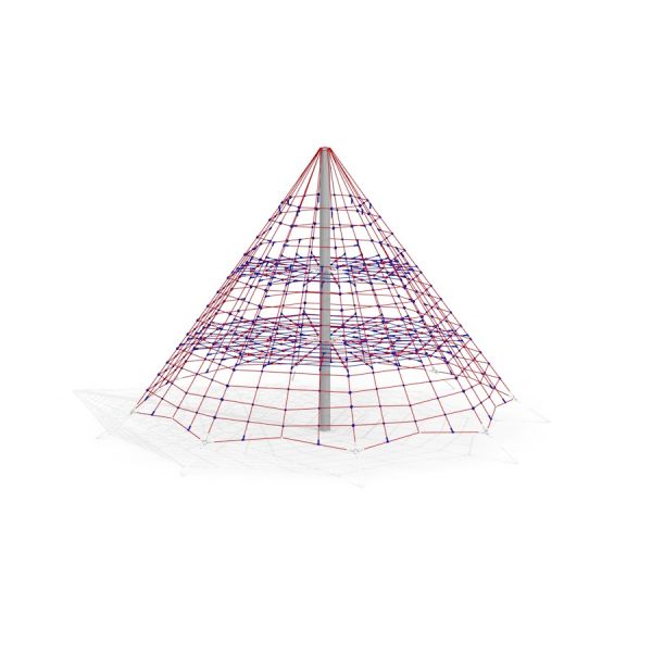 Tivano climbing net ve tvaru pyramidy s červenými a modrými lany.