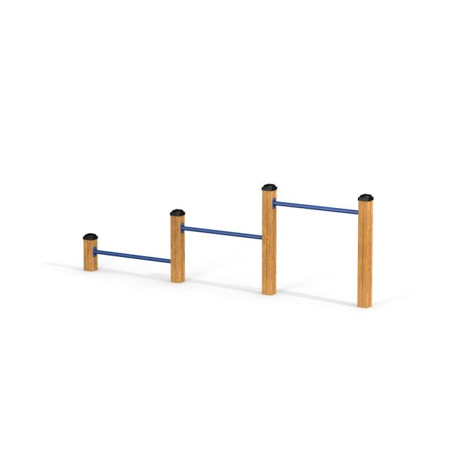 Agility Jump Bars Set se třemi dřevěnými sloupky a modrými vodorovnými tyčemi pro trénink agility na hřišti
