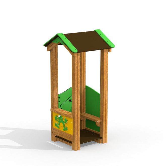 Dřevěná herní sestava Frog Playhouse s grafikou žáby na boku.