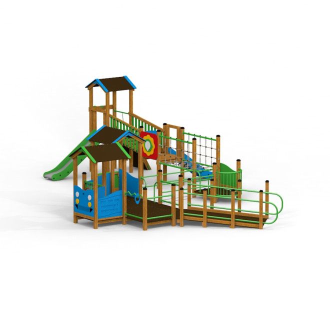 Epsilon inclusive playground s lezeckými prvky, skluzavkou a rampami pro děti