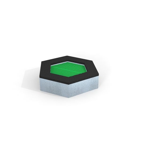 Honeycomb Trampoline se šestihranným designem a zelenou skákací plochou.