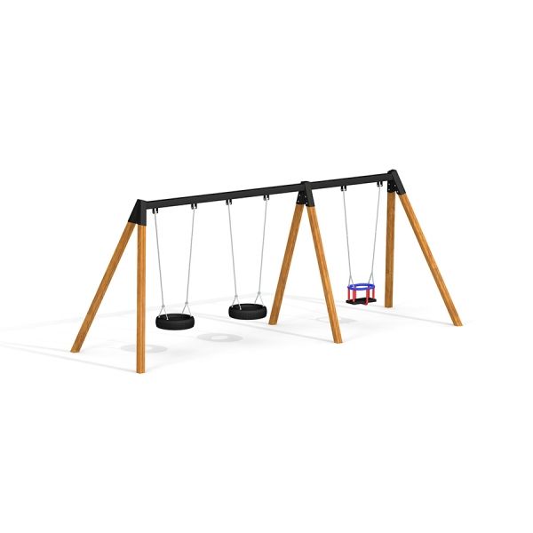 1+2 multiple swing s dřevěným rámem a třemi sedadly včetně dětského sedadla