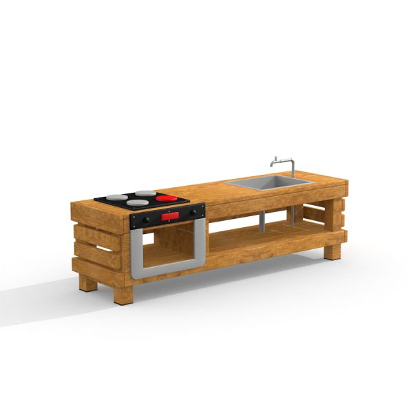 Dřevěný Kitchen Table s kamny a dřezem.