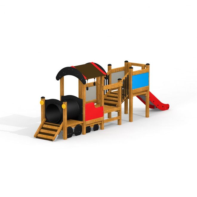 Locomotive w/ Tower and Slide train playhouse herní vybavení s dřevěnou konstrukcí a červenou skluzav
