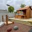 Wooden Garden Playhouse w/ Fencing v dětském herním prostoru