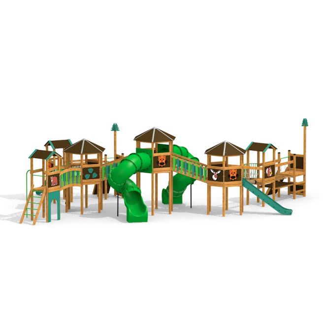 Forest City castle with slide dřevěná herní konstrukce se zelenou tubusovou a rovnou skluzavkou