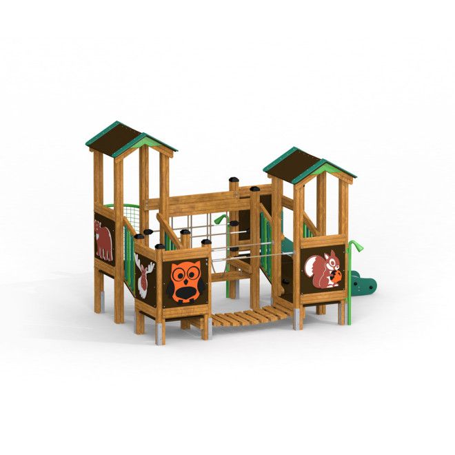 Forest Treehouse playhouse with slide dřevěná herní konstrukce s ilustracemi zvířat a